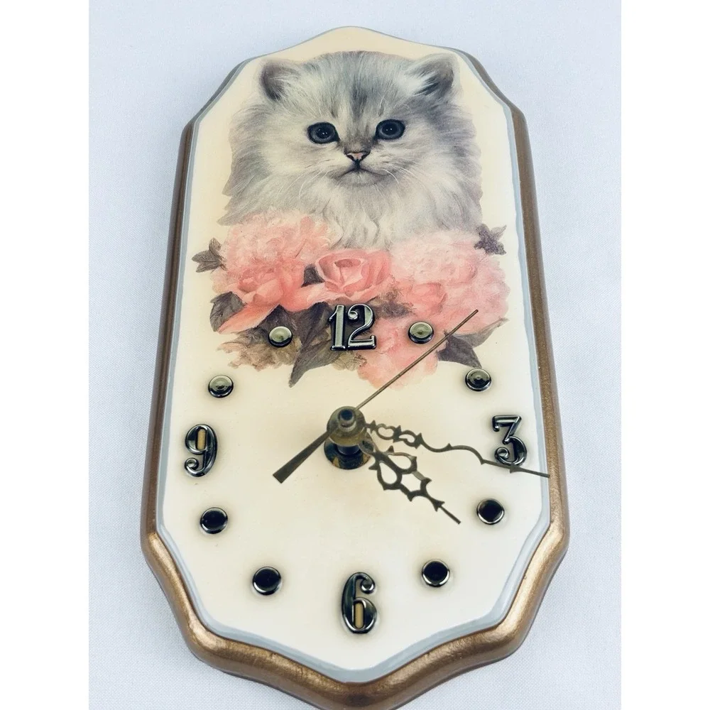 Vintage Ceramic Kitten Cat Wall Clock Flowers Tochigi Quartz Retro Kitschy Works